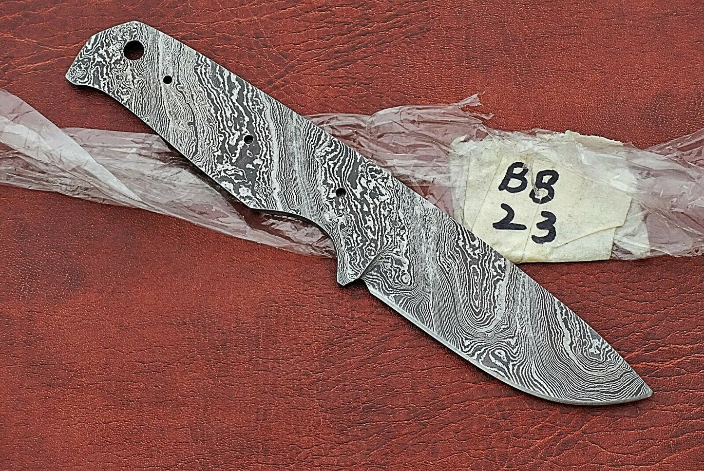 7.5" long Damascus steel straight back blank blade, 3.25" cutting edge