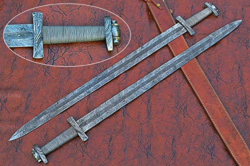 38 inches long Gladius sword, 31" long Hand forged Damascus steel double edge blade, Solid Damascus steel cross guard and pommel, Matching color thread wrap grip, Leather scabbard with shoulder stripe