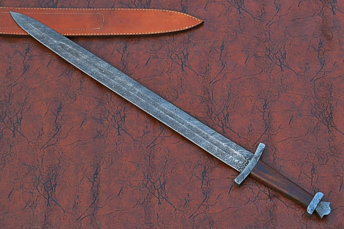 32 inches Long Jian Sword, 25" Long Hand Forged Damascus Steel Double Edge Blade, Solid Damascus Steel Cross hilt Forward and Crown Shape Pommel, Leather Scabbard with Shoulder Stripe