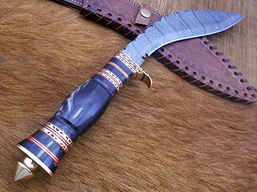 15 Inches long Damascus Steel Kukri Knife, custom made Hand Forged Damascus steel With 10" long blade, Black Bull horn crafted with engraved brass scale, Cow Leather Sheath (Bull Horn) (Bull Horn)