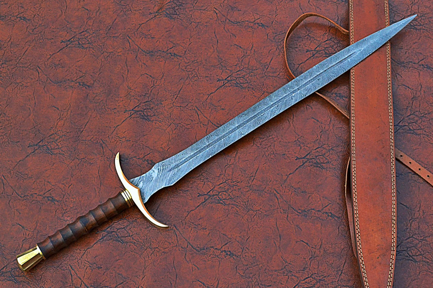 32 inches Long Sting Sword, 22" Long Hand Forged Damascus Steel Double Edge Blade, Brass Cross hilt Forward and Pommel, Walnut Wood Serrated Grip, Leather Scabbard with Shoulder Stripe