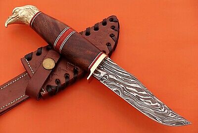 10" custom skinning knife with eagle pomel, trailing point blade, Leather sheath