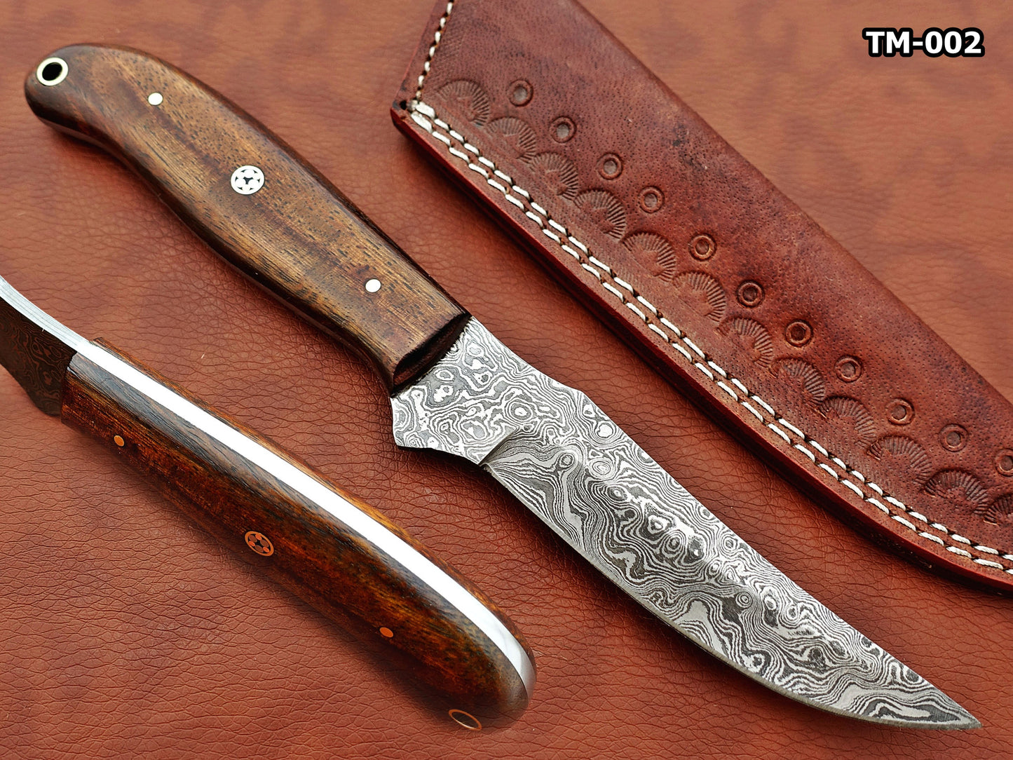 9.5" straight back blade skinning knife, 5" full tang Rain drop pattern Damascus steel blade, Available in 4 colors, includes Cow hide Leather sheath