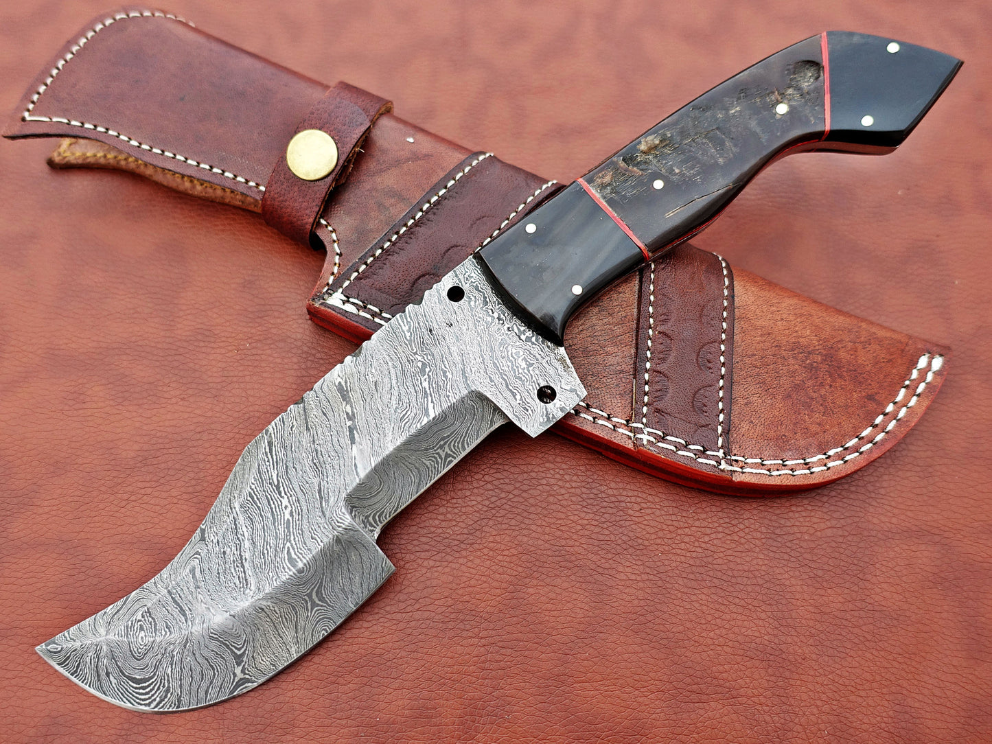 12" Long hand forged twist pattern full tang Damascus steel tracker knife, Ram horn scale with Damascus Bolster & pomel, Cow leather sheath