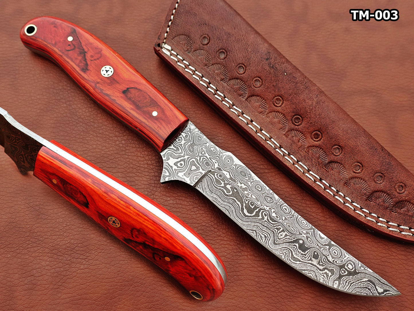 9.5" straight back blade skinning knife, 5" full tang Rain drop pattern Damascus steel blade, Available in 4 colors, includes Cow hide Leather sheath