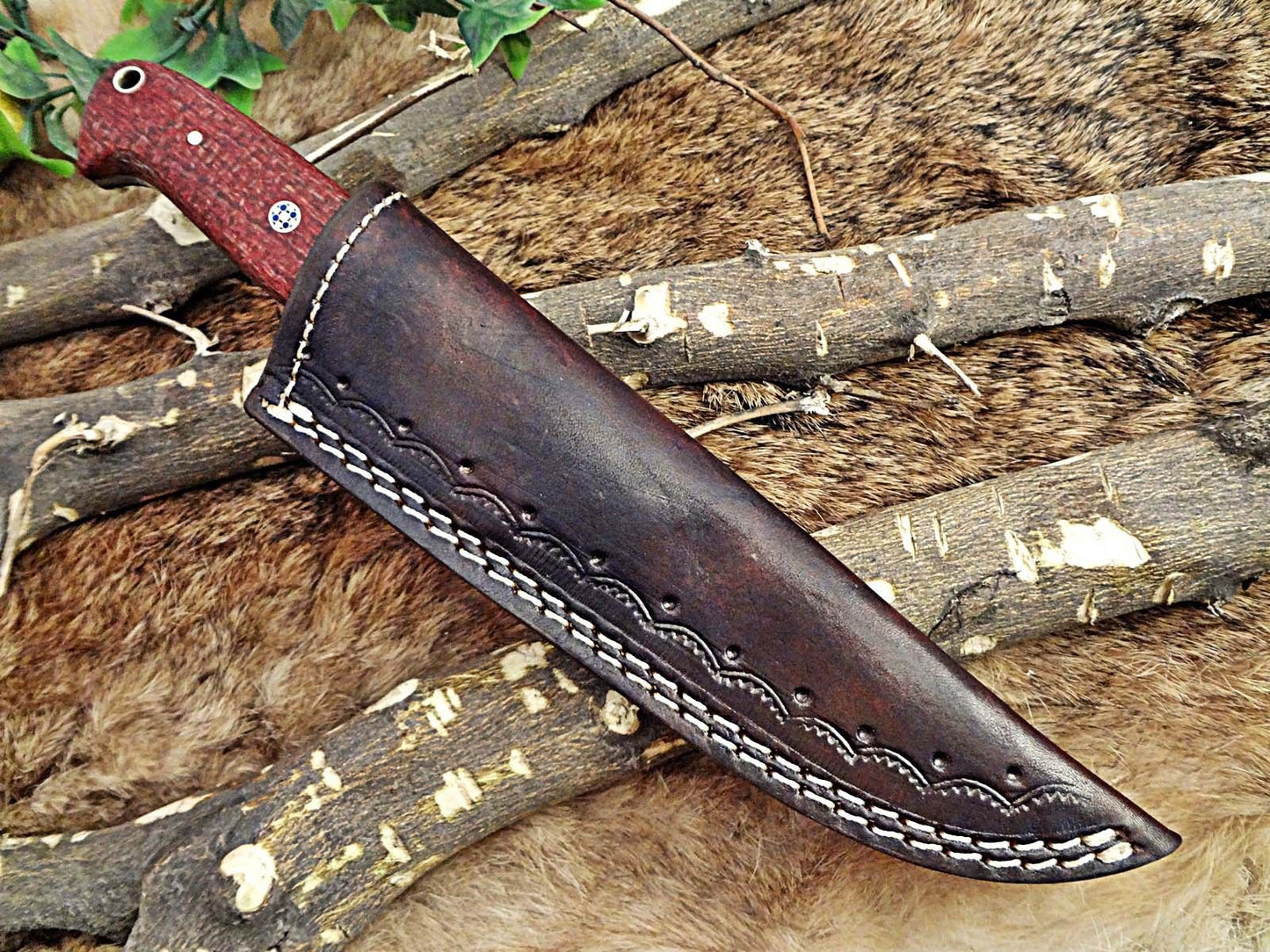 DAMASCUS STEEL 9.5" LONG FULL TANG BLADE SKINING KNIFE, WOOD & BONE, COW SHEATH
