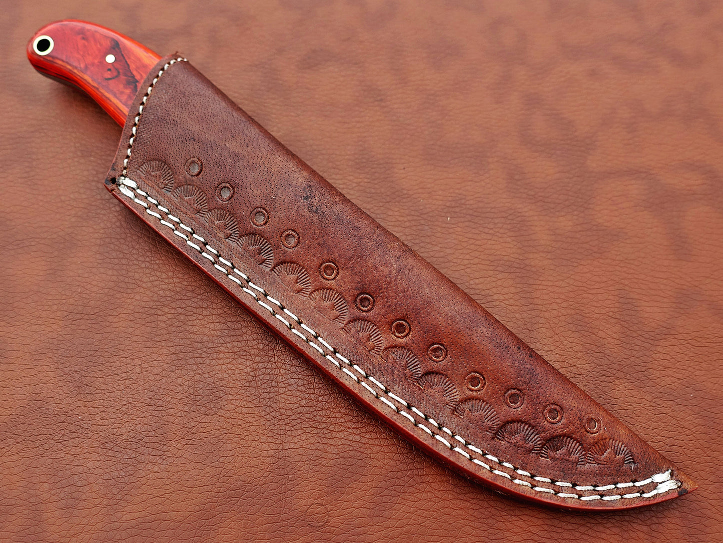 9.5" straight back blade skinning knife, 5" full tang Rain drop pattern Damascus steel blade, Available in 4 colors, includes Cow hide Leather sheath