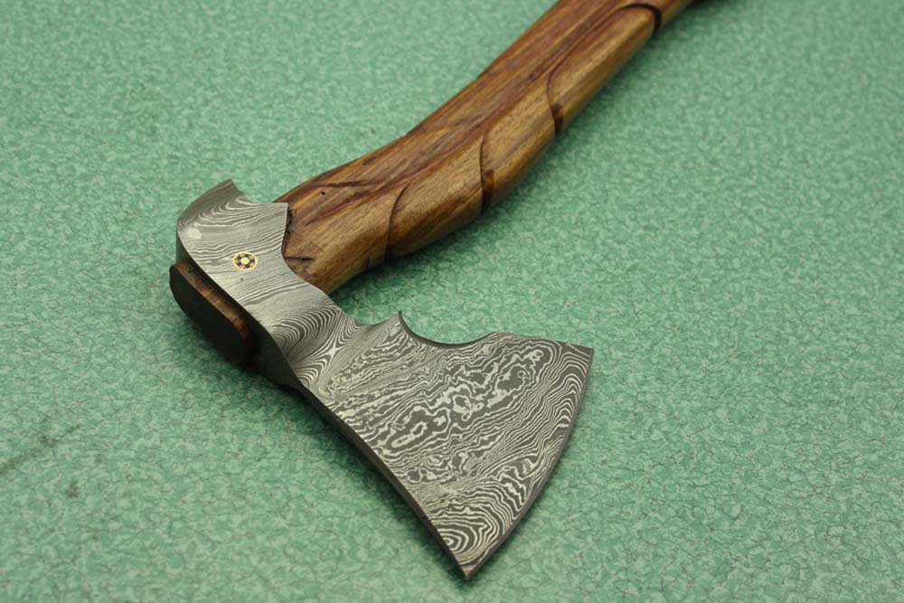 20 Inches long Damascus steel tomahawk Axe, Engraved Rose wood handle bearded hiking battle Axe, Hand Forged Damascus steel head, thick cow hide leather sheath