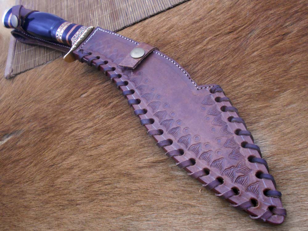 15 Inches long Damascus Steel Kukri Knife, custom made Hand Forged Damascus steel With 10" long blade, Black Bull horn crafted with engraved brass scale, Cow Leather Sheath
