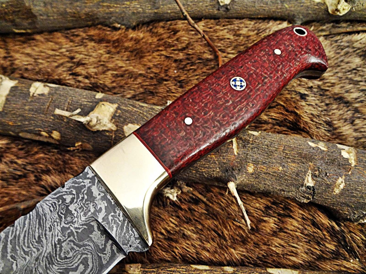 DAMASCUS STEEL 9.5" LONG FULL TANG BLADE SKINING KNIFE, WOOD & BONE, COW SHEATH