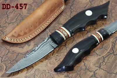 9" Long hand forged Damascus steel Skinning Knife, Round engraved brass, Bull horn & Camel bone scale, Cow hide Leather sheath