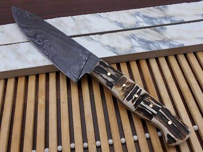 Stag Antler scale 10 Inches long Chef Knife custom made hand forged Damascus