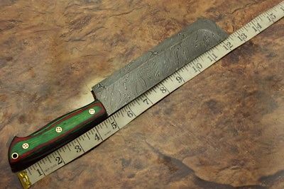 12.5" hand forged Damascus steel chef knife, 2 tone green scale, Leather sheath