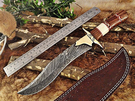 15" Long Hunting Bowie knife, hand forged Damascus steel, Red  Dollar wood with Brass Pommel & Finger guard, Cow Leather sheath