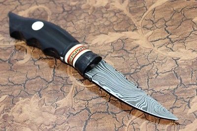 9" Long hand forged Damascus steel Skinning Knife, Round engraved brass, Bull horn & Camel bone scale, Cow hide Leather sheath