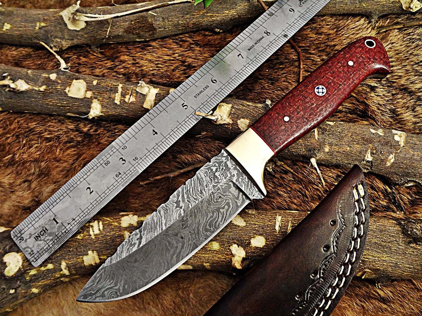 DAMASCUS STEEL 9.5" LONG FULL TANG BLADE SKINING KNIFE, WOOD & BONE, COW SHEATH