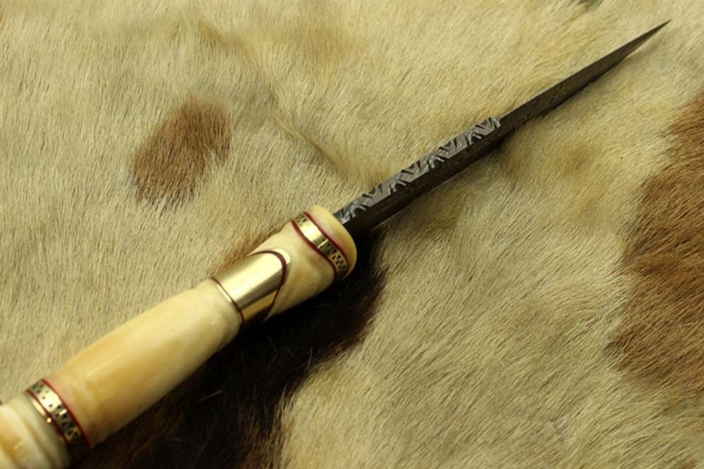 13" carved camel bone W/Brass scale Damascus Steel skinning knife, Cow sheath