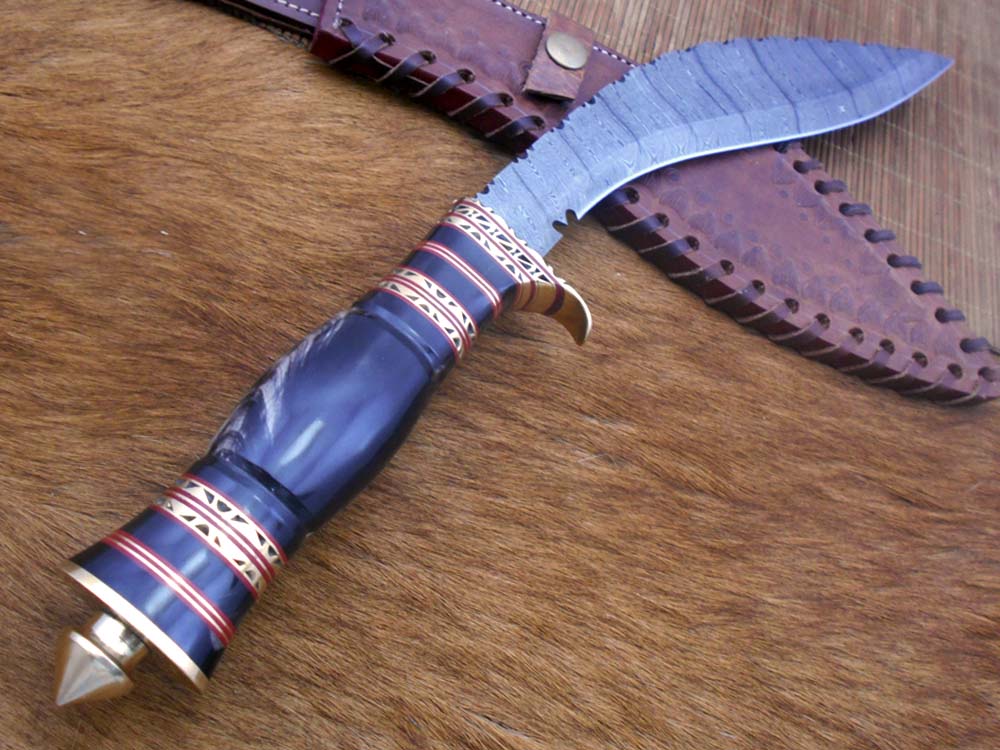 15 Inches long Damascus Steel Kukri Knife, custom made Hand Forged Damascus steel With 10" long blade, Black Bull horn crafted with engraved brass scale, Cow Leather Sheath
