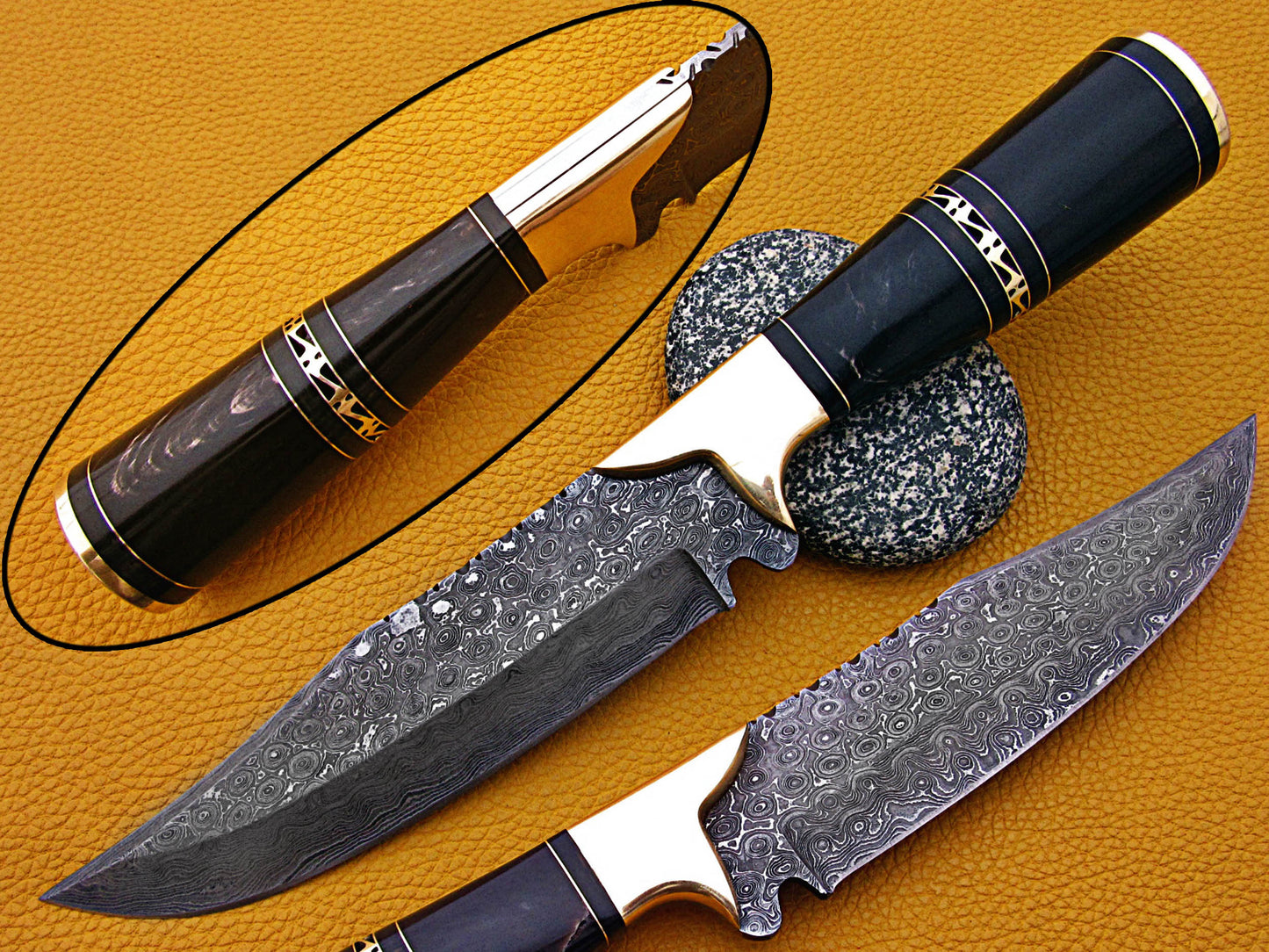 12" Long Damascus steel Skinning Knife hand forged Twist pattern Damascus steel, Rose wood round scale crafted with engraved brass spacer & cap, Cow hide leather sheath with belt loop