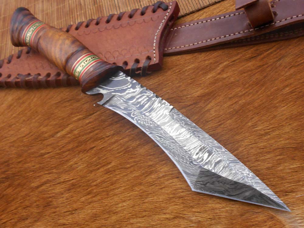 11" Long hand forged Damascus steel Tanto blade Hunting knife, exotic Hand crafted rose wood scale with engraved brass & green fiber spacer, Cow hide Leather sheath with belt loop