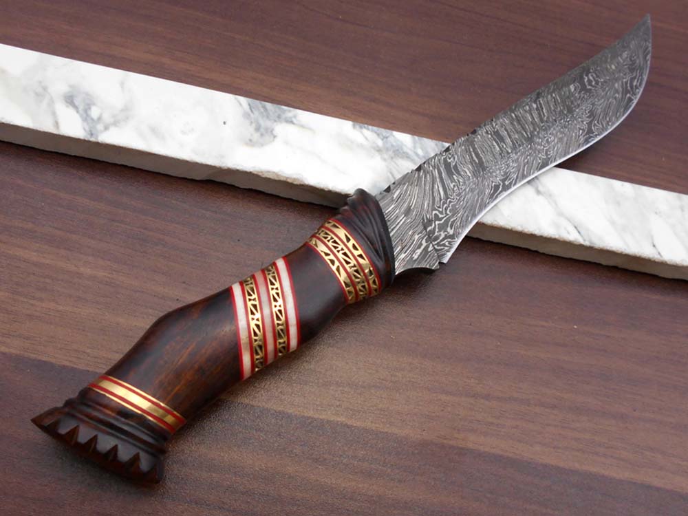 13" Long hand forged Damascus steel skinning knife, Hand carved scale crafted with engraved brass spacer, Available in Camel bone, Walnut wood and bull horn scales, Includes Cow Leather sheath