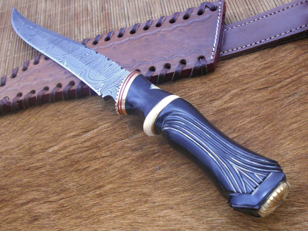 13" Long custom made carved round scale skinning knife crafted with engraved brass, 7.5" Hand forged Damascus steel blade, Cow hide Leather sheath included