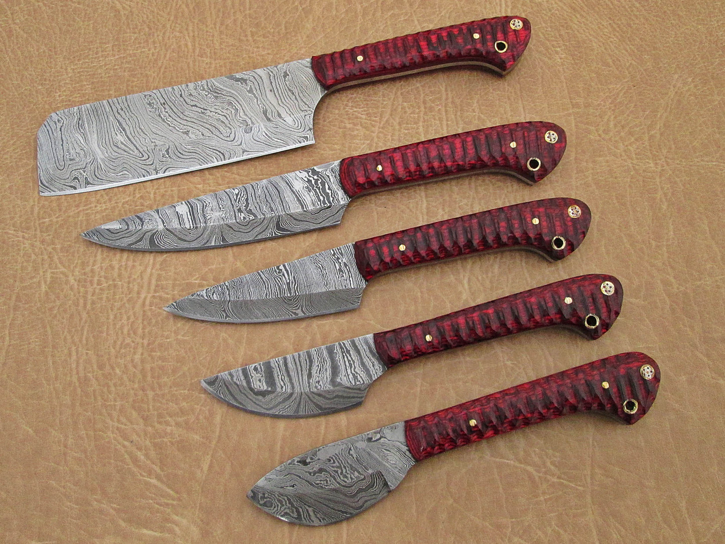 5 Pieces Damascus steel kitchen knife set includes (10.6+9.6+9.0+8.0+7.6)" knives in Wine Jigged wood scale, includes Roll able Leather suede sheath