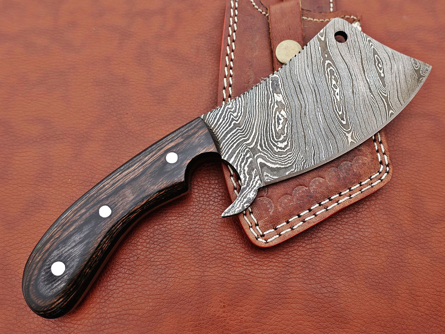 10" hand forged Twist Pattern Damascus steel meat Cleaver, 2 tone black Dollar wood scale chopper knife, Leather sheath included