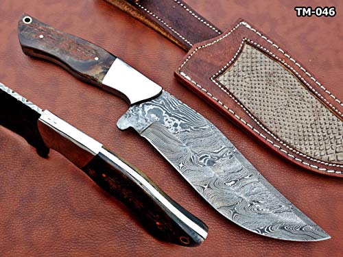12.5" Long Hand Forged Damascus Steel Clip Point Full Tang Blade Hunting Knife, Natural Horn Scale with Steel Bolster, Cow Hide Leather Sheath Included