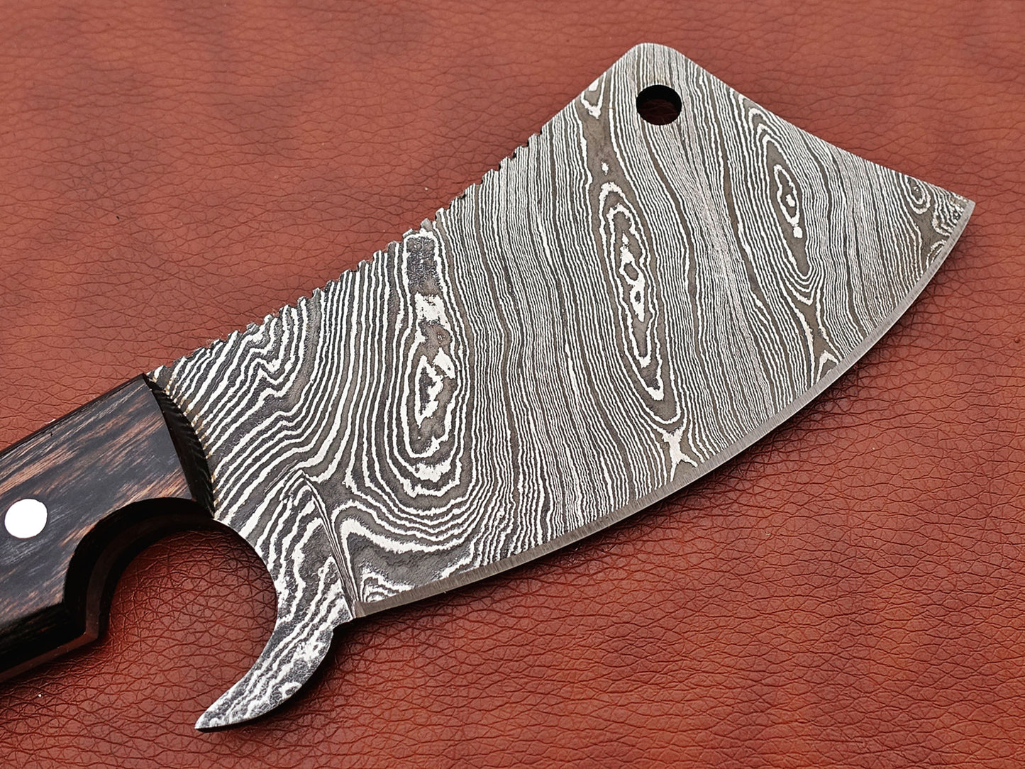 10" hand forged Twist Pattern Damascus steel meat Cleaver, 2 tone black Dollar wood scale chopper knife, Leather sheath included