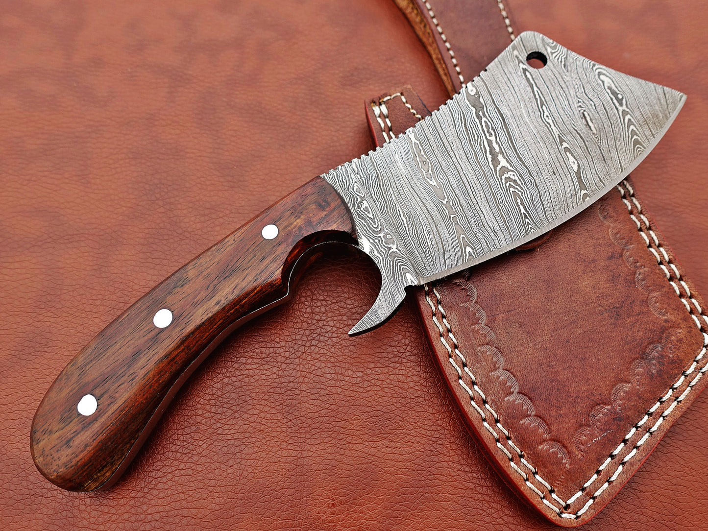 10" hand forged Twist Pattern Damascus steel meat Cleaver, Natural Walnut wood scale chopper knife, Leather sheath included