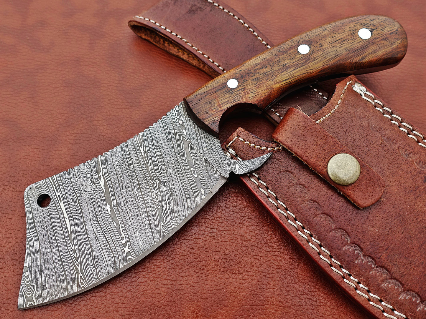 10" hand forged Twist Pattern Damascus steel meat Cleaver, Natural Walnut wood scale chopper knife, Leather sheath included