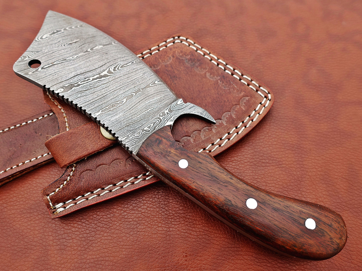 10" hand forged Twist Pattern Damascus steel meat Cleaver, Natural Walnut wood scale chopper knife, Leather sheath included