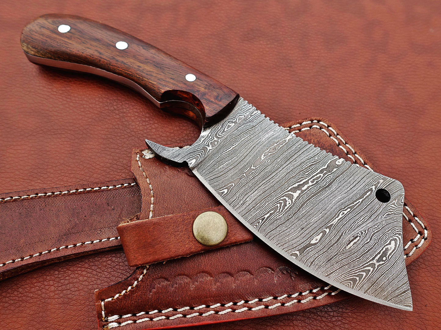 10" hand forged Twist Pattern Damascus steel meat Cleaver, Natural Walnut wood scale chopper knife, Leather sheath included
