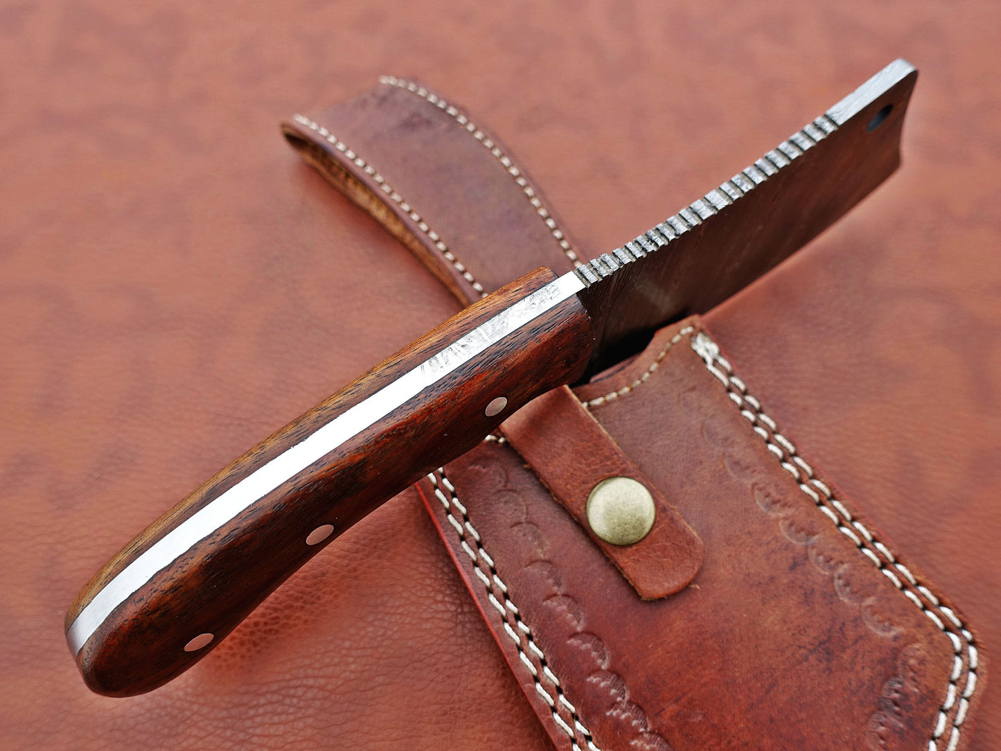 10" hand forged Twist Pattern Damascus steel meat Cleaver, Natural Walnut wood scale chopper knife, Leather sheath included