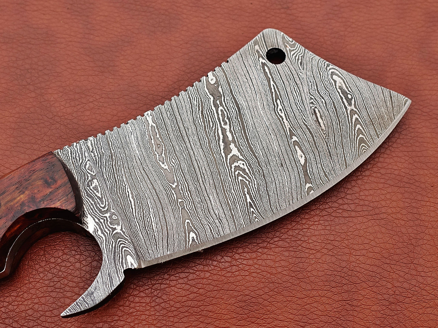 10" hand forged Twist Pattern Damascus steel meat Cleaver, Natural Walnut wood scale chopper knife, Leather sheath included