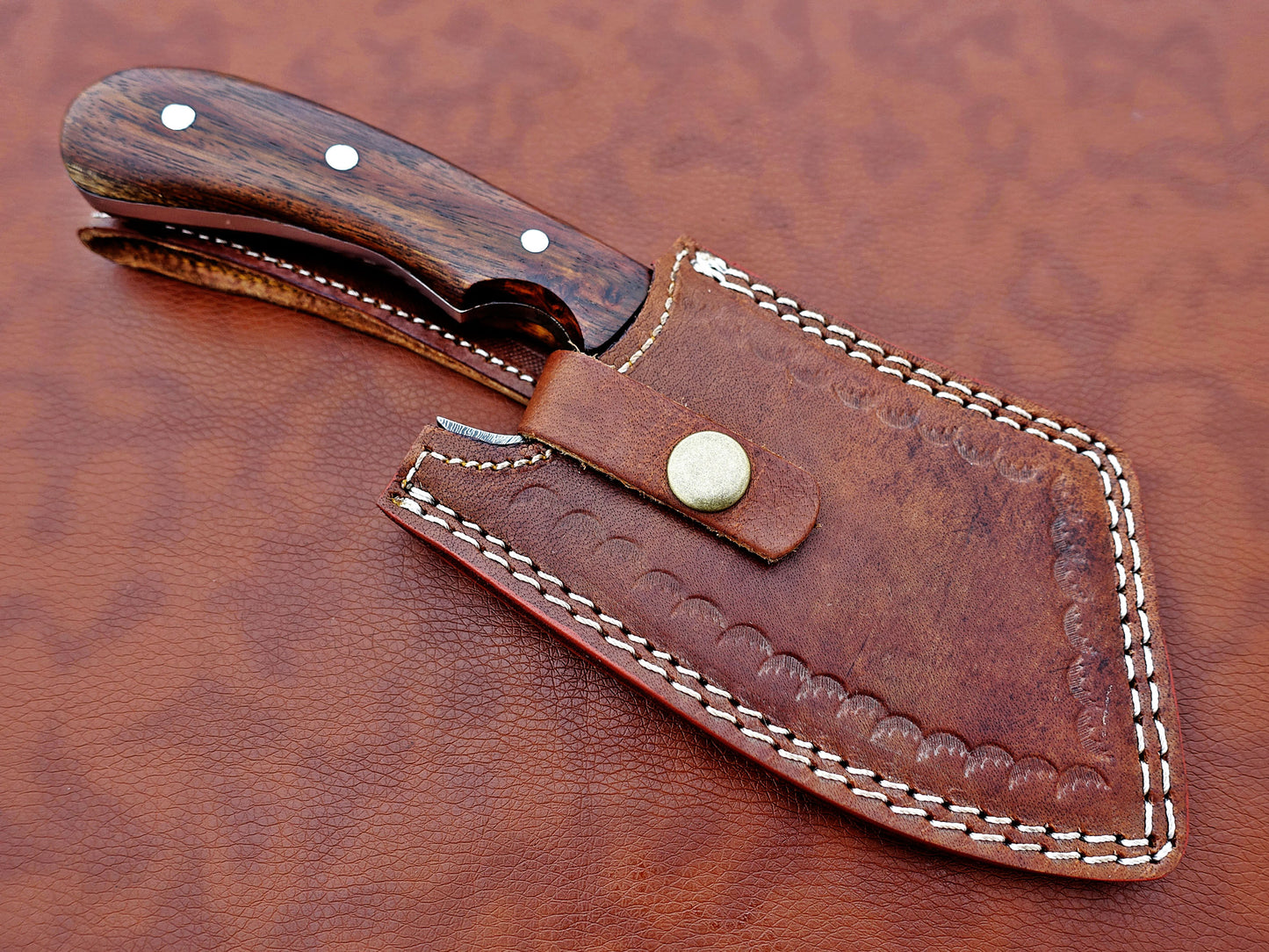 10" hand forged Twist Pattern Damascus steel meat Cleaver, Natural Walnut wood scale chopper knife, Leather sheath included