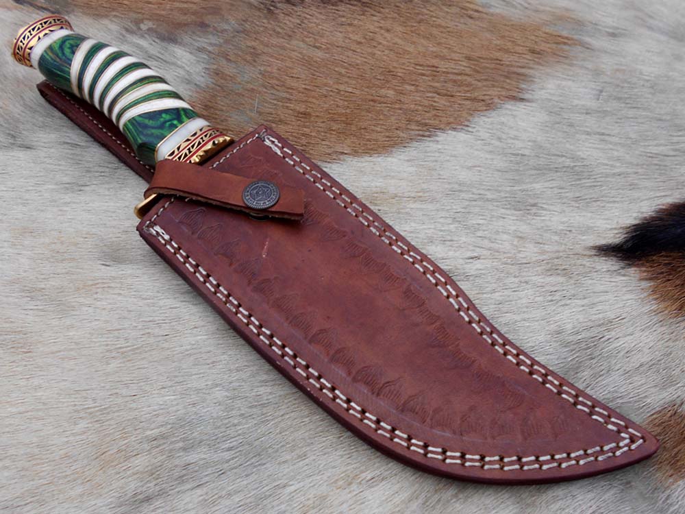 12" Long Damascus steel Hunting Bowie knife hand forged, exotic scale crafted with engraved brass, sliced camel bone and Wood W/brass spacer