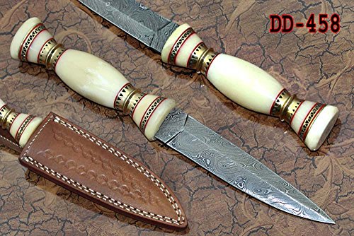 11" Damascus steel hunting Dagger knife, Bone W/engraved brass scale, Cow sheath