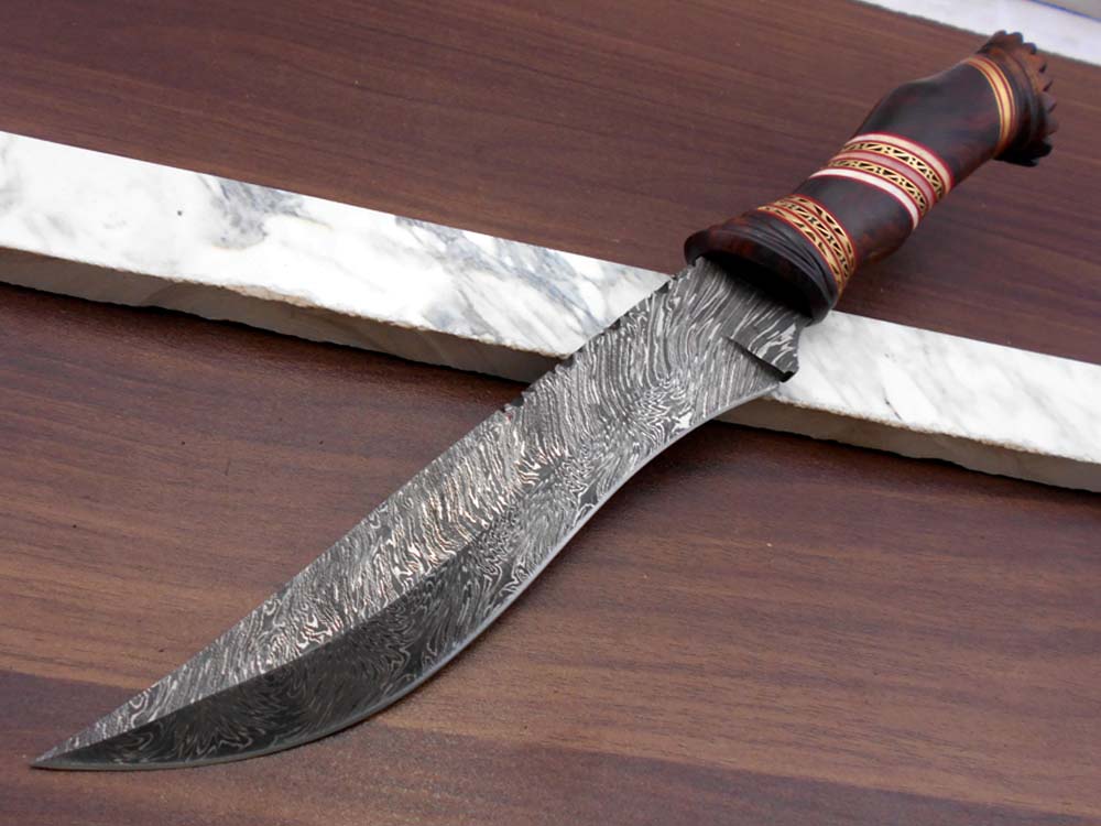 13" Long hand forged Damascus steel skinning knife, Hand carved scale crafted with engraved brass spacer, Available in Camel bone, Walnut wood and bull horn scales, Includes Cow Leather sheath