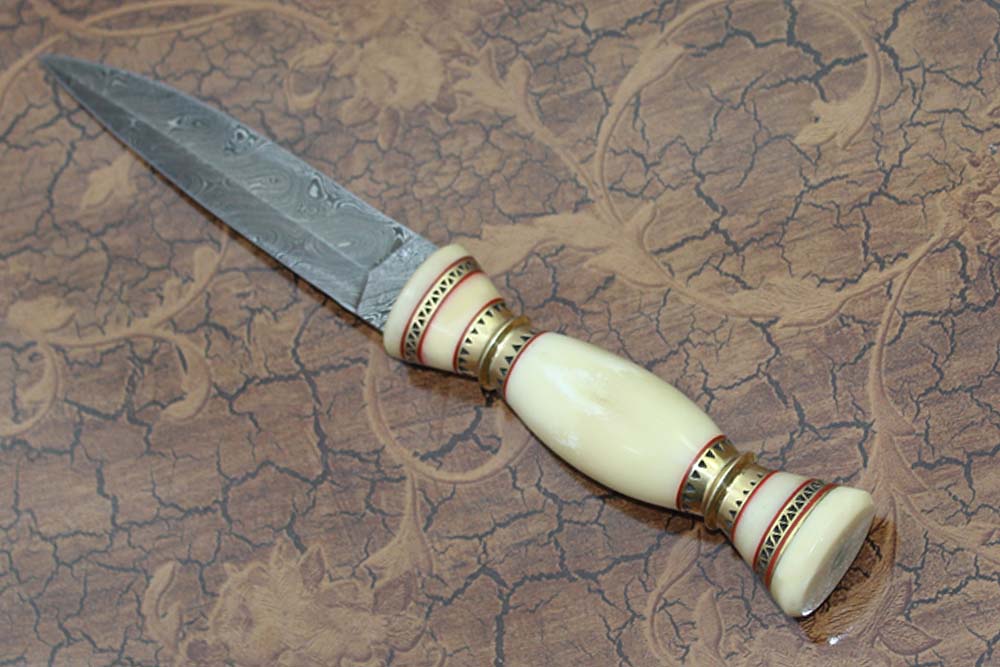 11" Damascus steel hunting Dagger knife, Bone W/engraved brass scale, Cow sheath