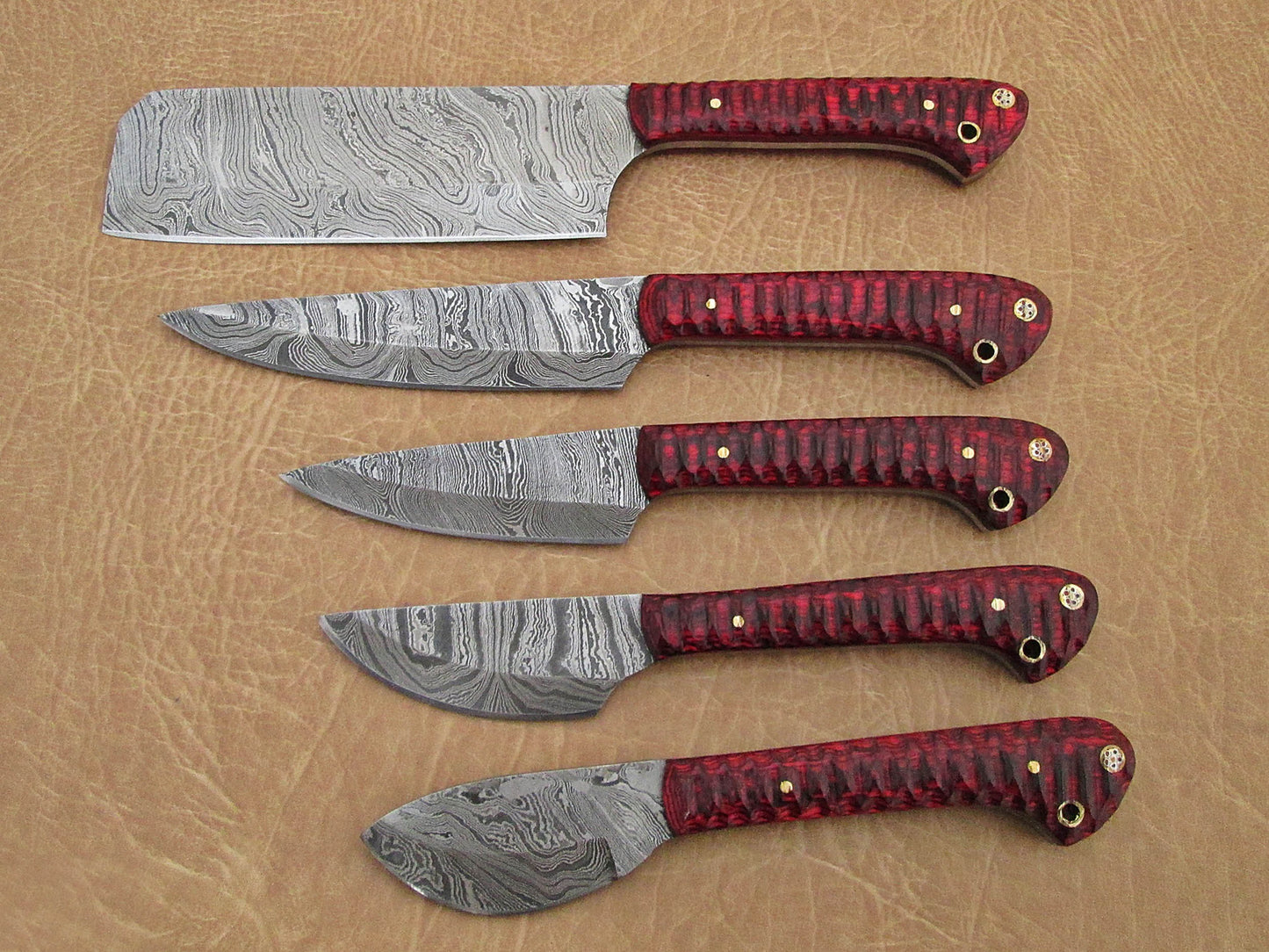 5 Pieces Damascus steel kitchen knife set includes (10.6+9.6+9.0+8.0+7.6)" knives in Wine Jigged wood scale, includes Roll able Leather suede sheath