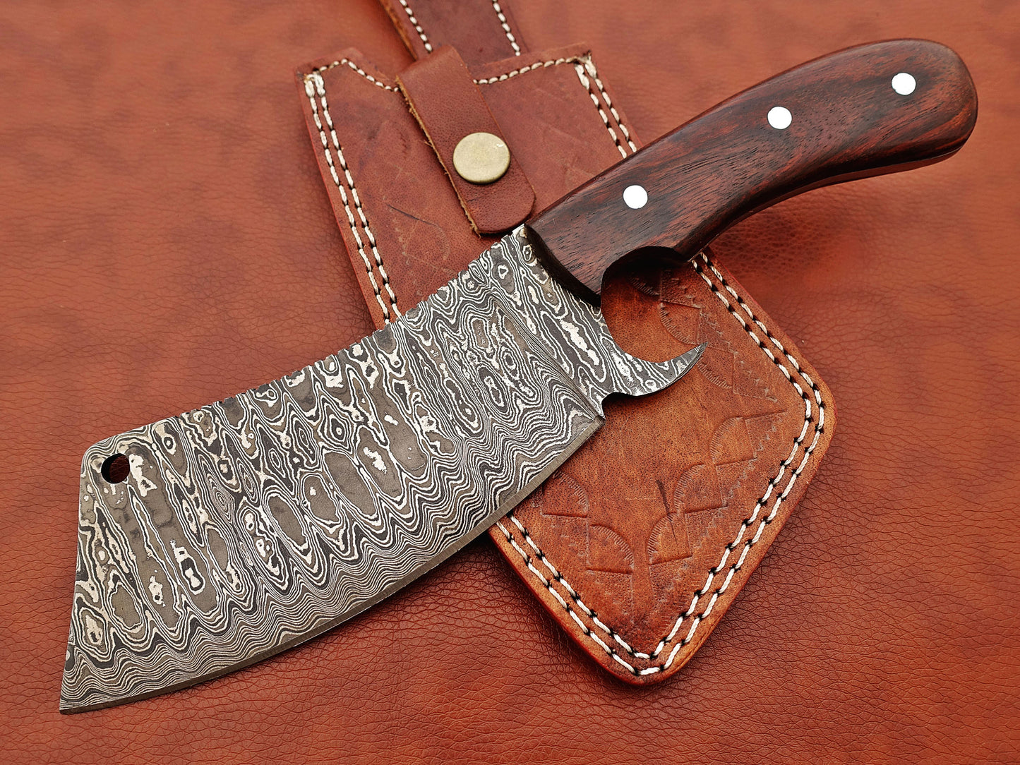 12" hand forged Damascus steel meat Cleaver, Walnut wood scale chopper knife, Leather sheath included