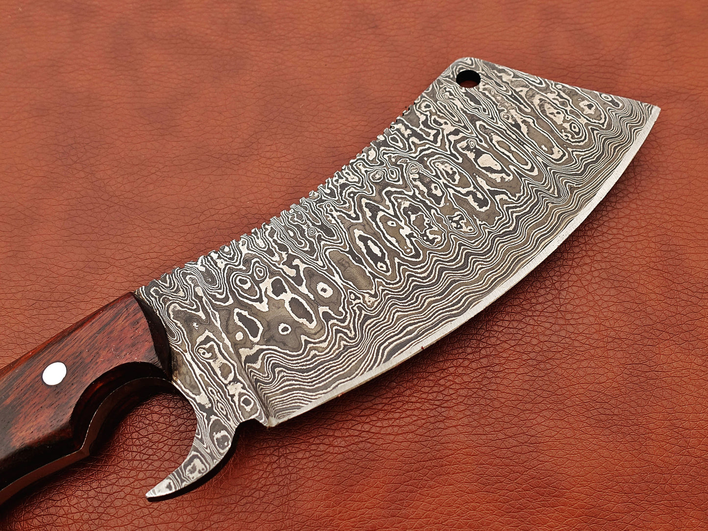 12" hand forged Damascus steel meat Cleaver, Walnut wood scale chopper knife, Leather sheath included