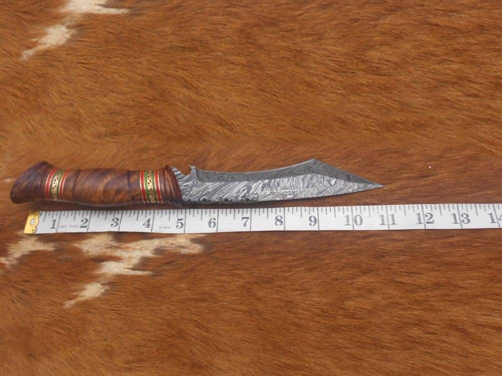 11" Long Tanto blade Skinning Knife, hand engraved D-2 stainless steel & Damascus steel, Round scale crafted with engraved Brass & fiber spacer, Cow hide Leather sheath