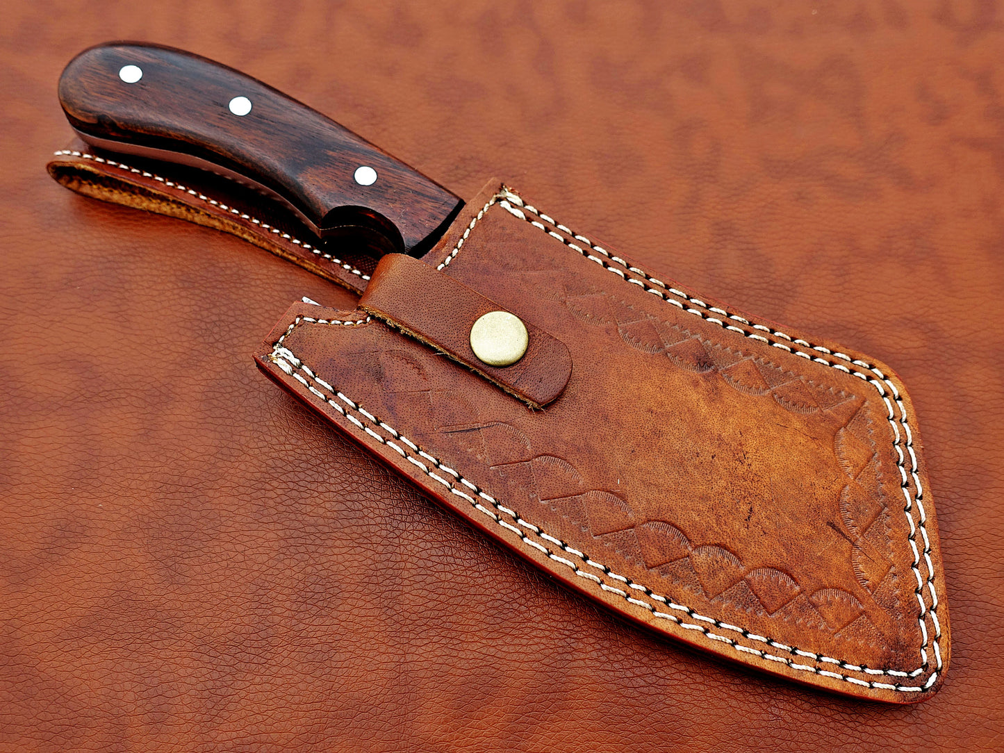 12" hand forged Damascus steel meat Cleaver, Walnut wood scale chopper knife, Leather sheath included