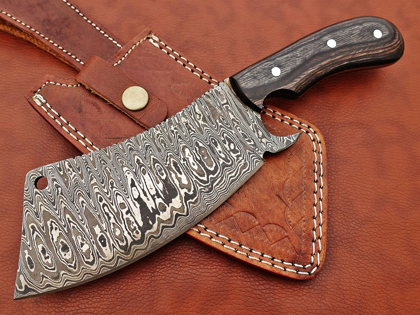 12" hand forged Damascus steel meat Cleaver, Walnut wood scale chopper knife, Leather sheath included