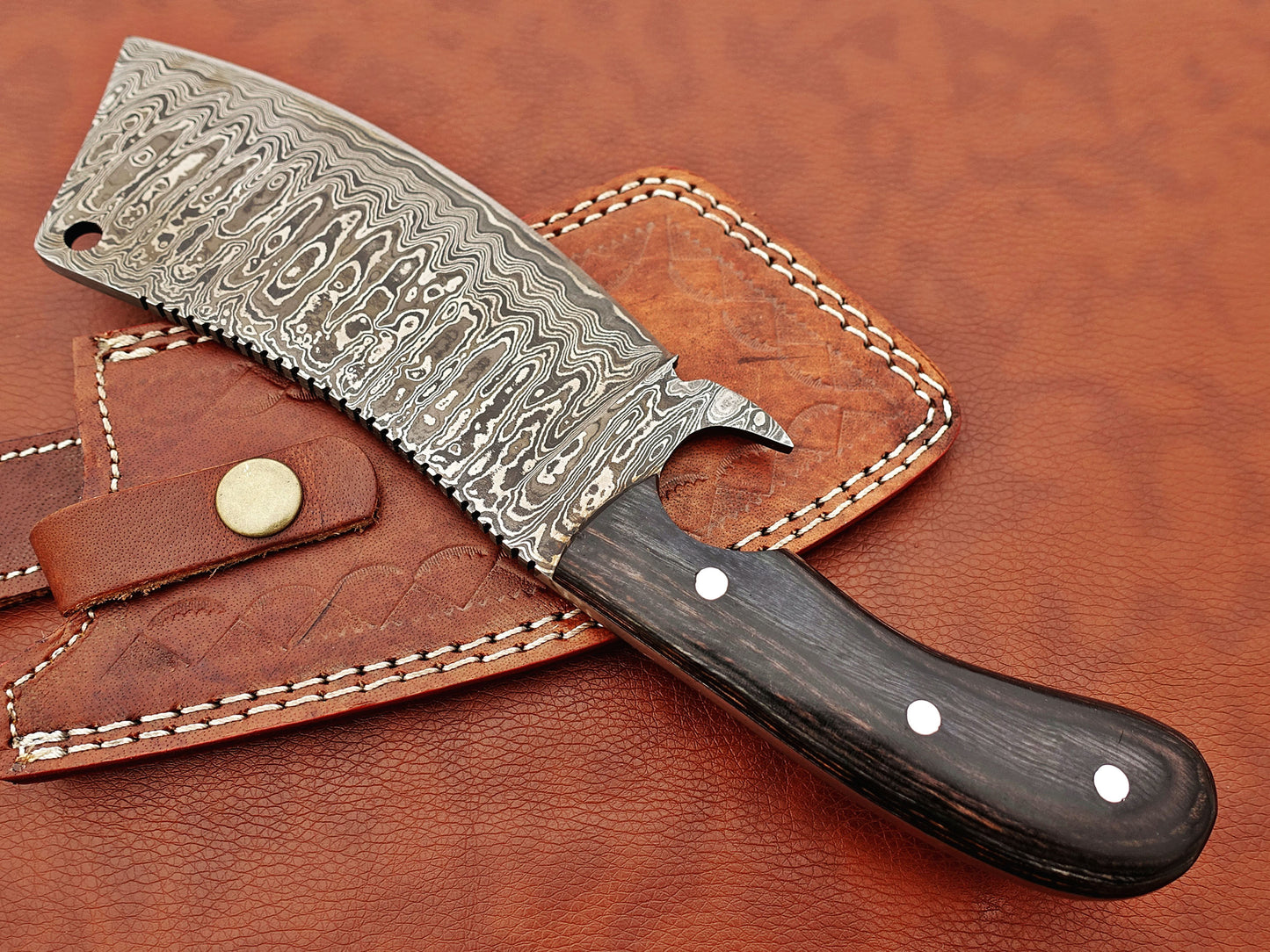 12" hand forged Damascus steel meat Cleaver, Walnut wood scale chopper knife, Leather sheath included