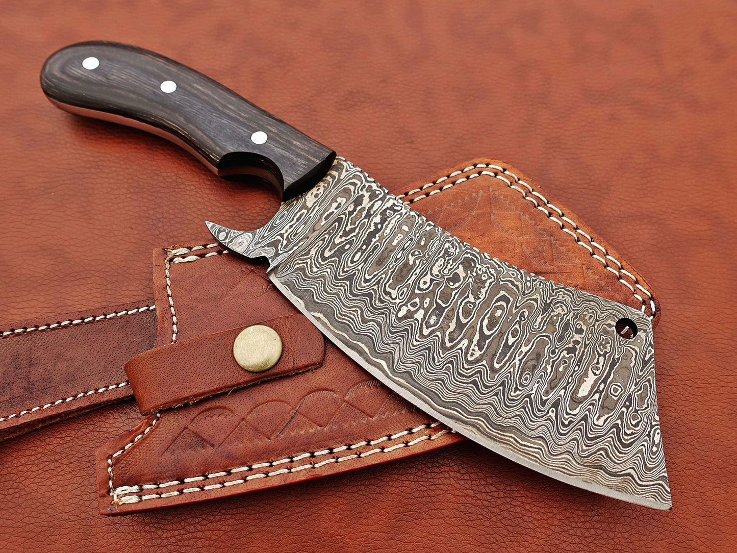 12" hand forged Damascus steel meat Cleaver, Walnut wood scale chopper knife, Leather sheath included