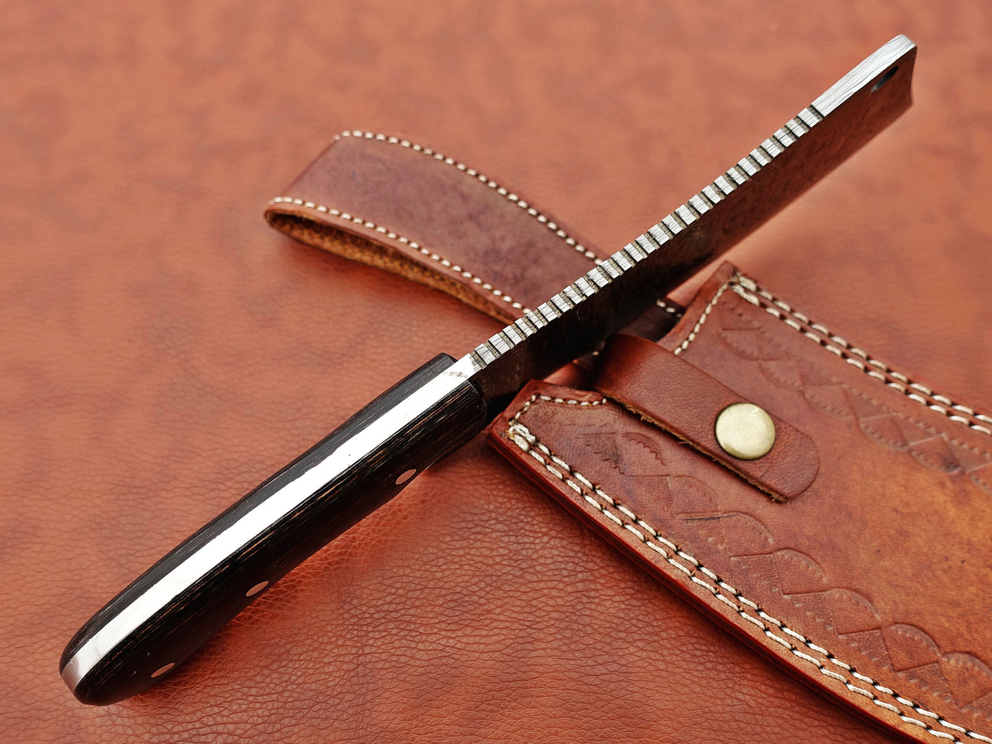 12" hand forged Damascus steel meat Cleaver, Walnut wood scale chopper knife, Leather sheath included